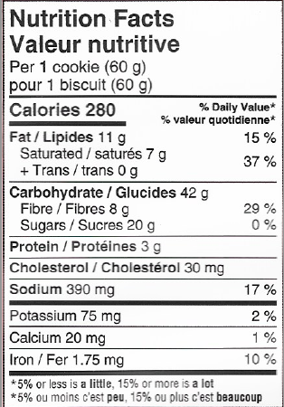 Nutritional facts for craig's chocolate chip cookie